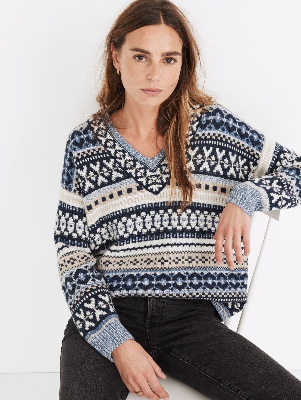 Madewell Fair Isle V-Neck Sweater in Navy, Cream & Light Blue, Sz Small